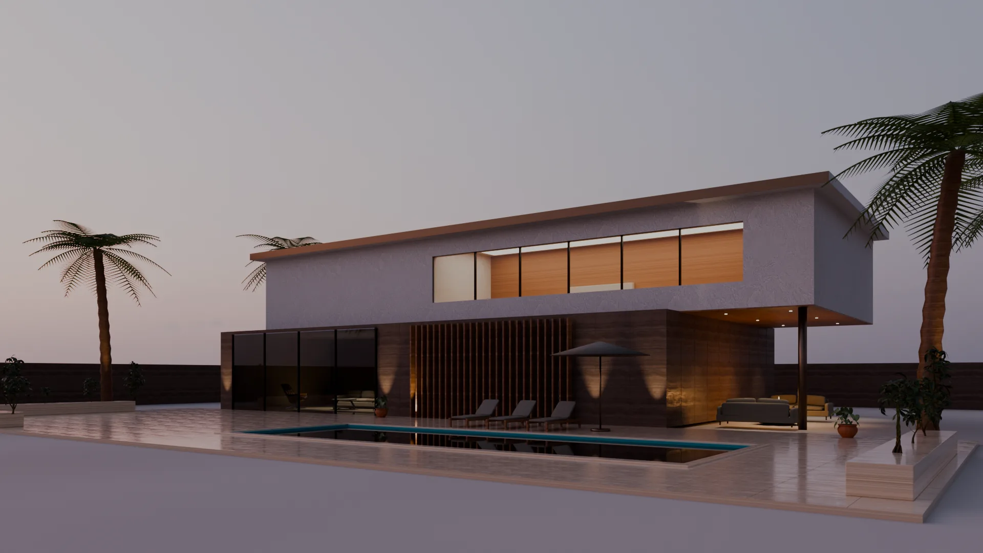 Desert Villa at blue hour, rendered by Nile Frame Studio