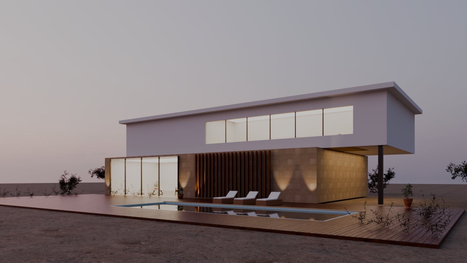Desert Villa at blue hour: travertine ground floor, white cantilevered upper floor, lit ribbon window and pool deck