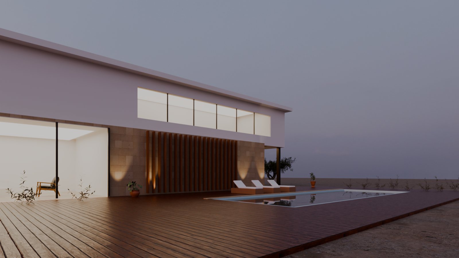 Pool deck with sun loungers and uplit stone and teak facade at dusk