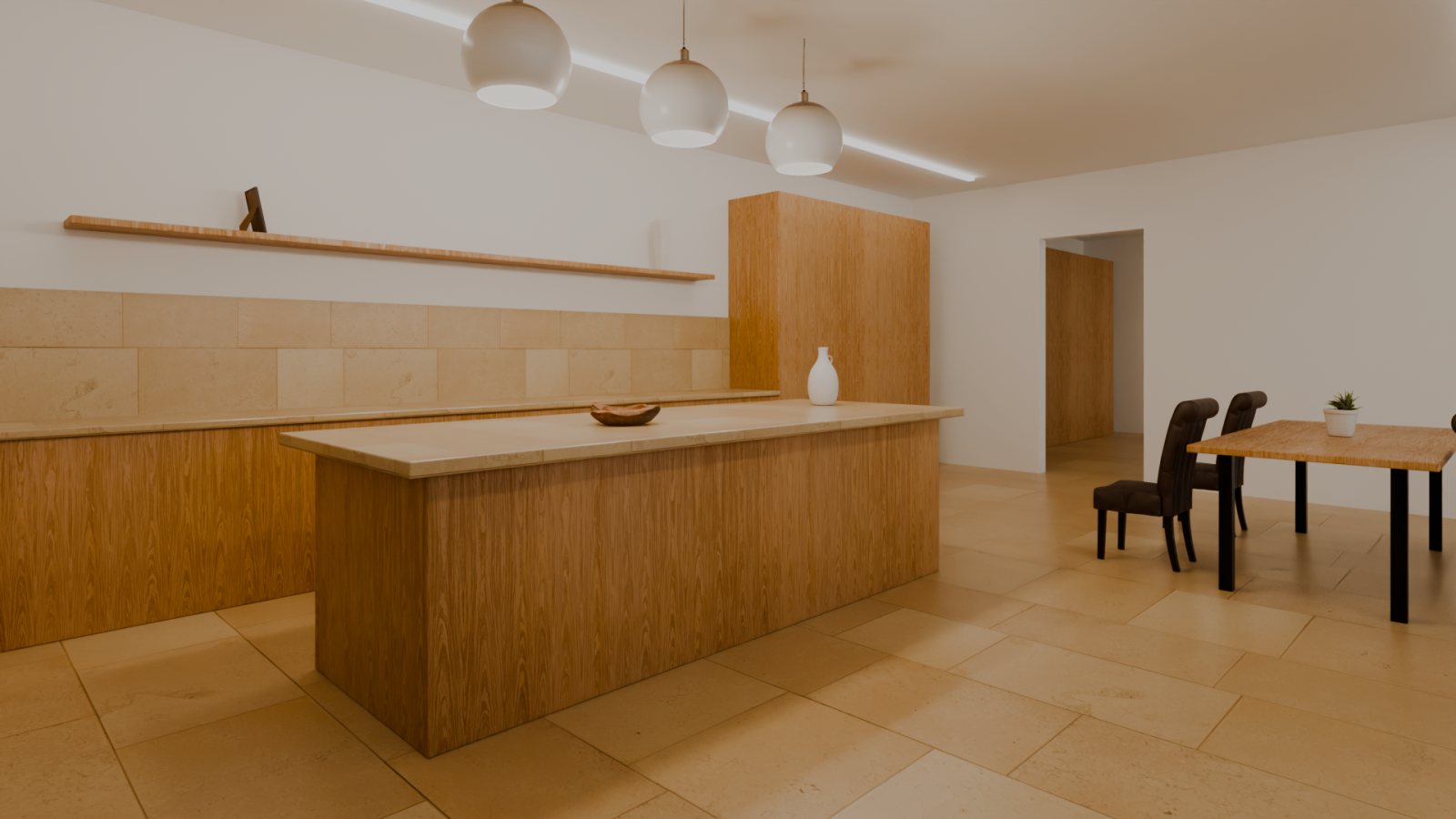 Oak kitchen with marble island under three glass pendants