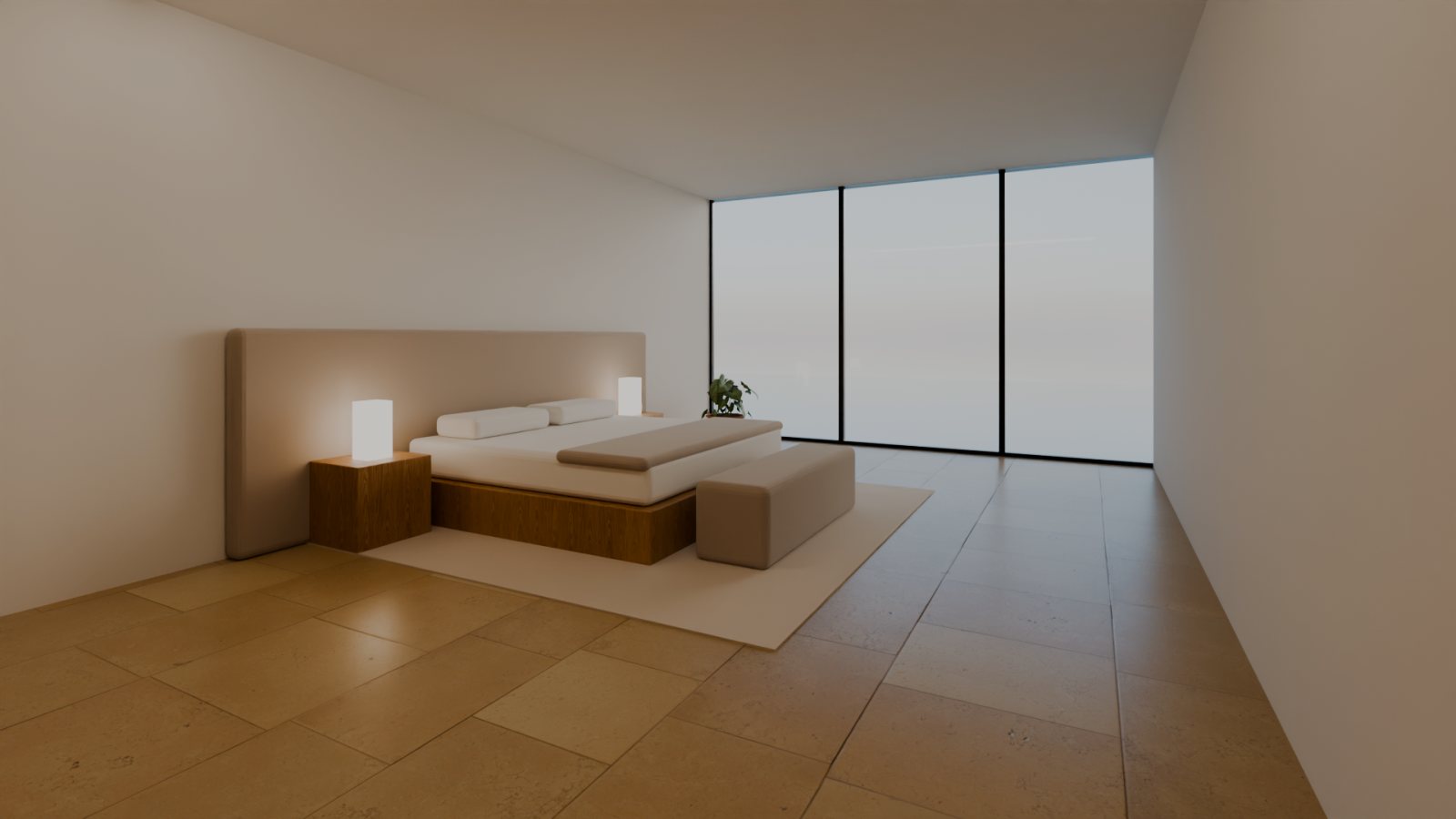 Bedroom with upholstered headboard wall facing the sea view