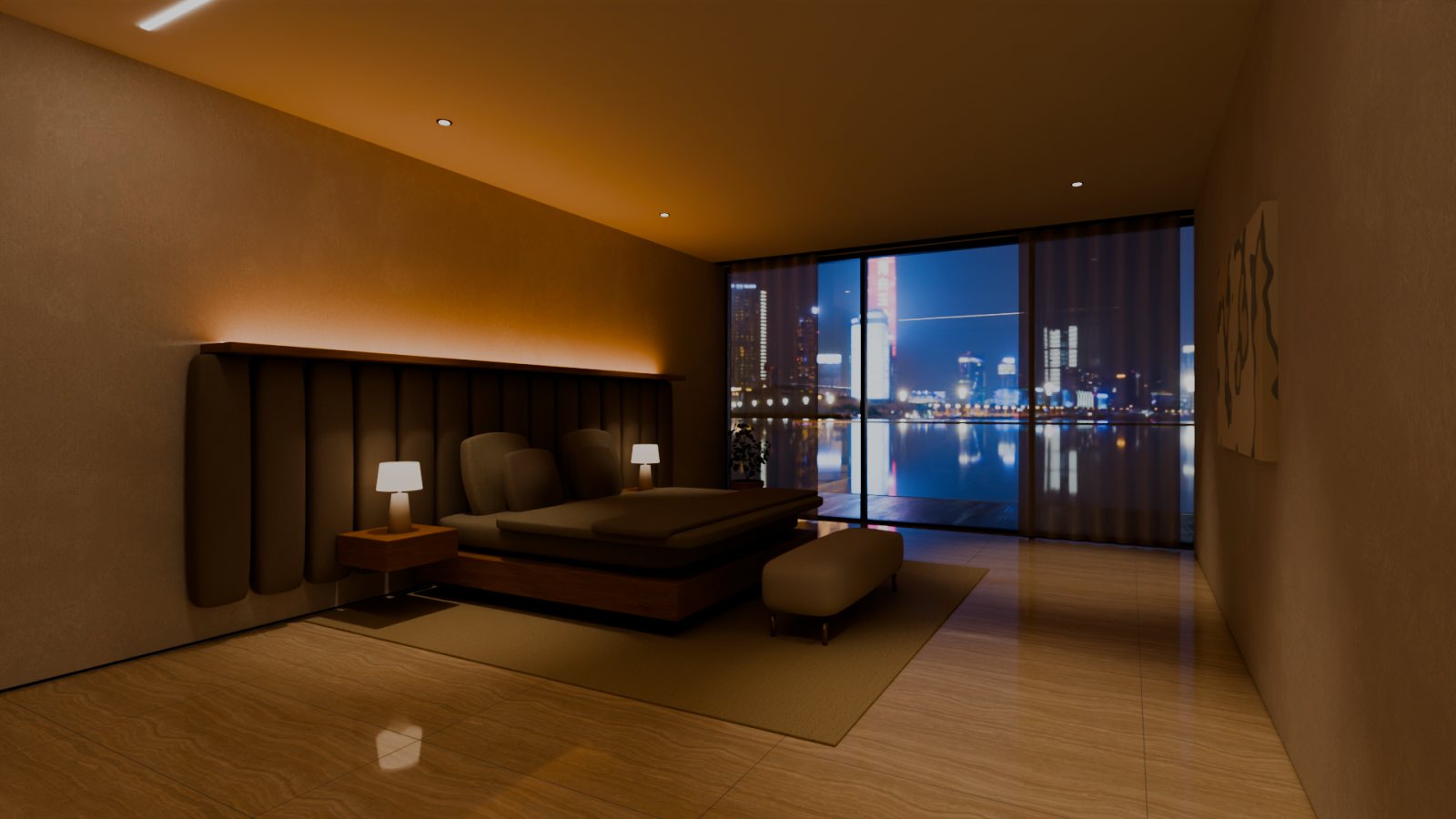 Bedroom with channel-tufted headboard wall facing the city at night