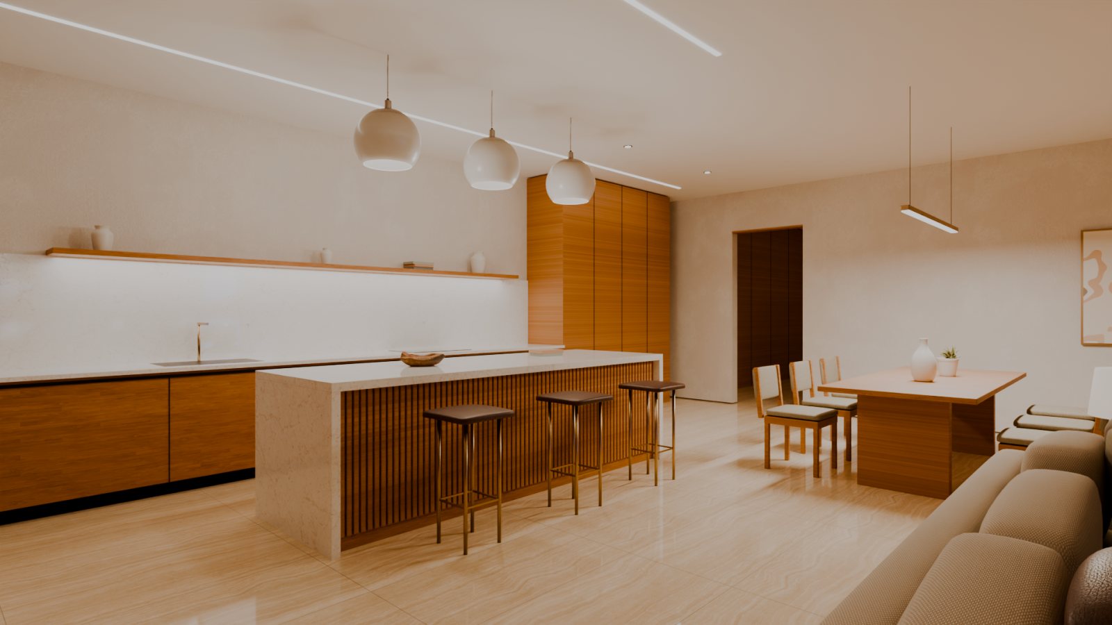 Oak kitchen with fluted island, marble waterfall top and glass pendants