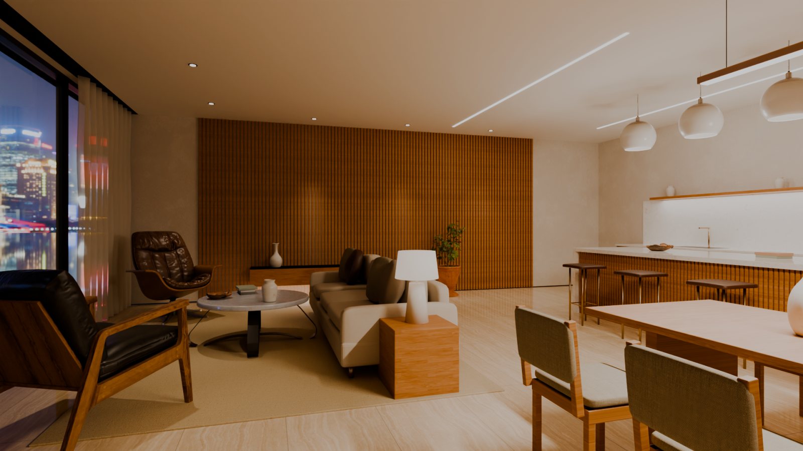 Open living room with fluted oak wall, boucle sofa and dining table