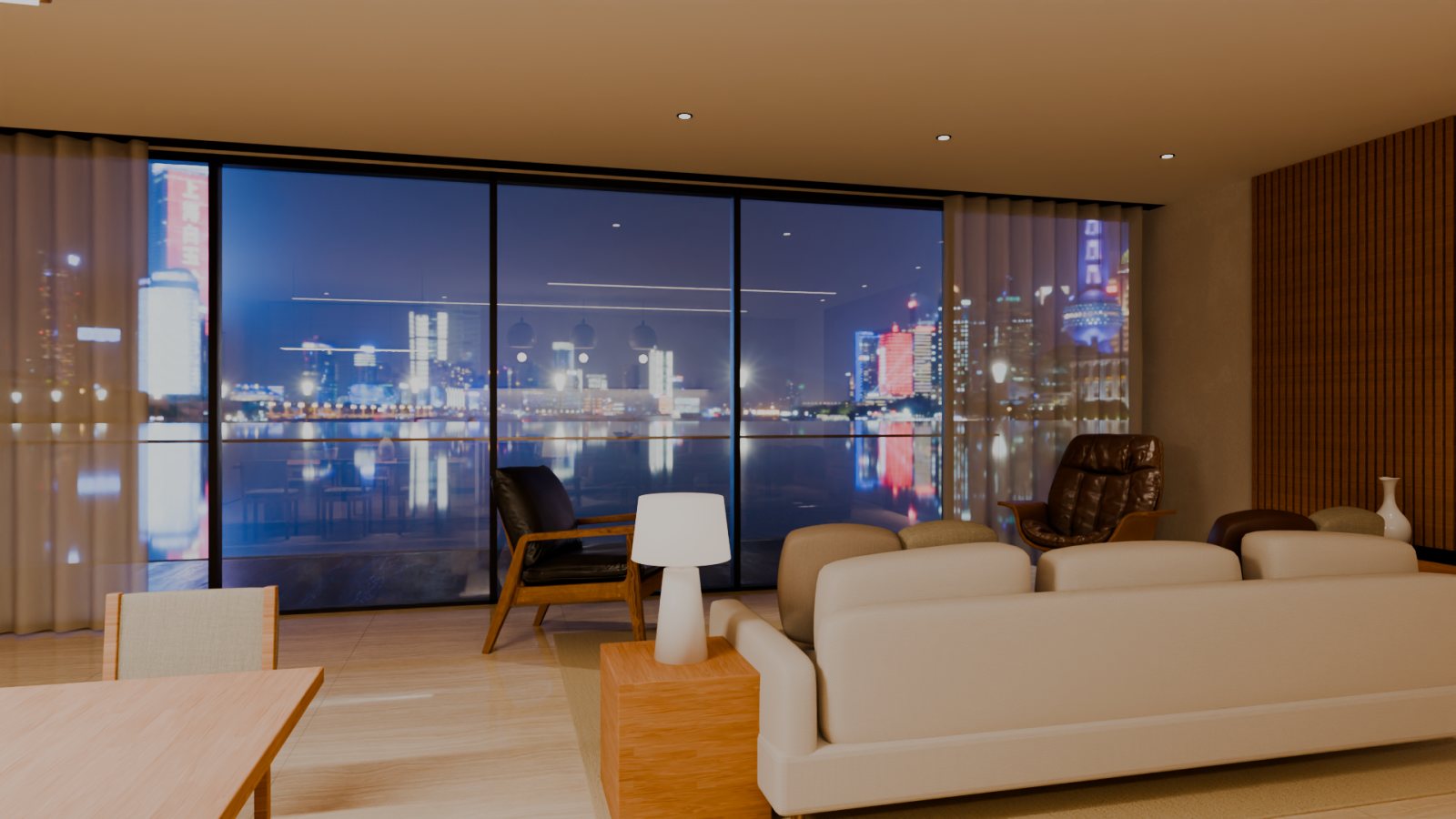 Living room with sheer curtains facing a lit city skyline over the marina