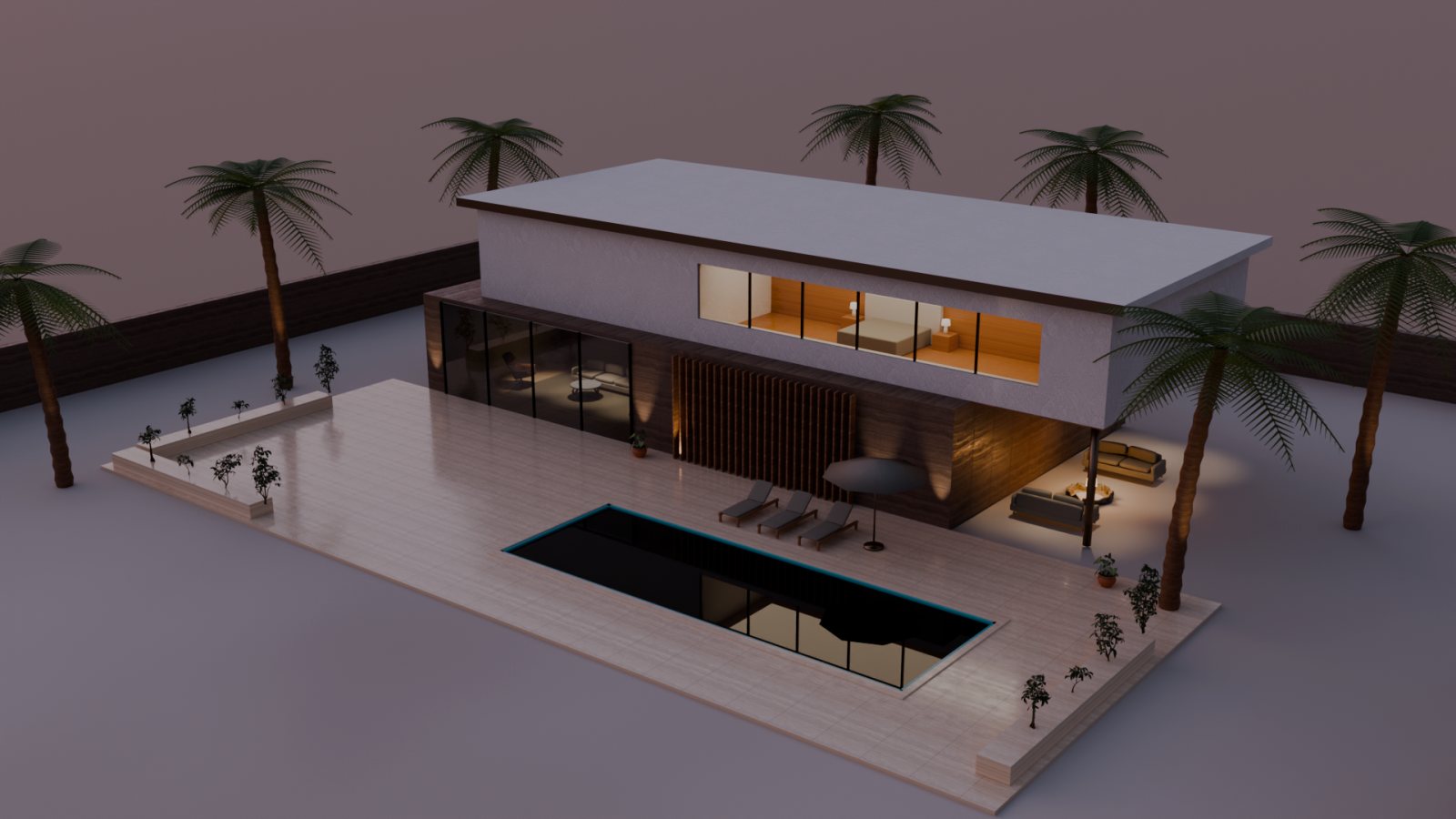 Aerial view of the villa, pool terrace, palms and fire-pit lounge at dusk