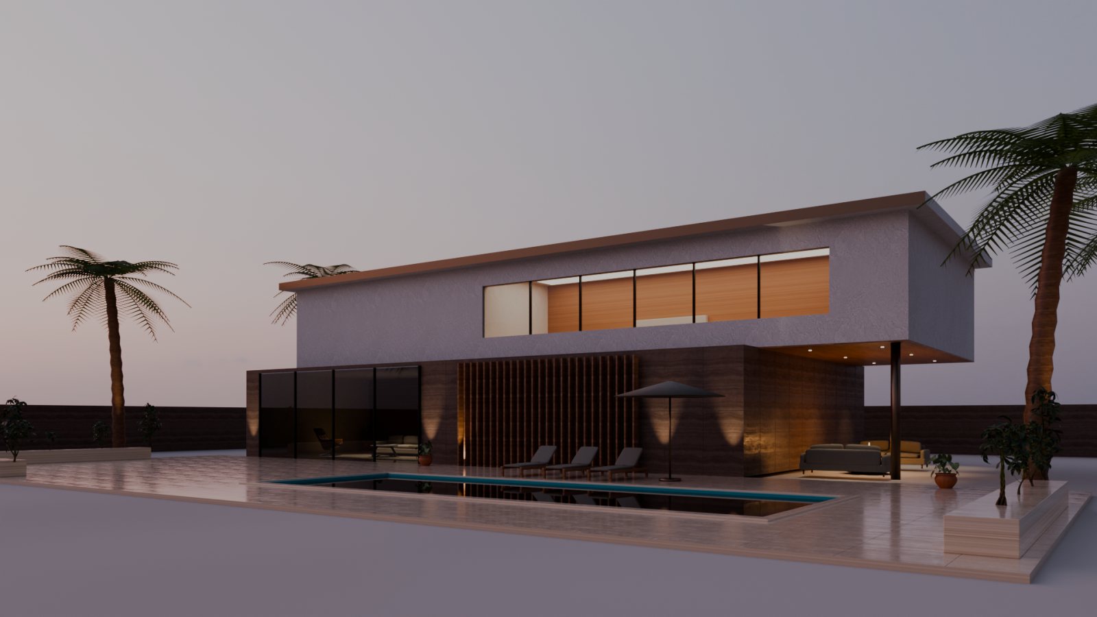 Contemporary villa at blue hour with uplit palms, pool and teak louvers
