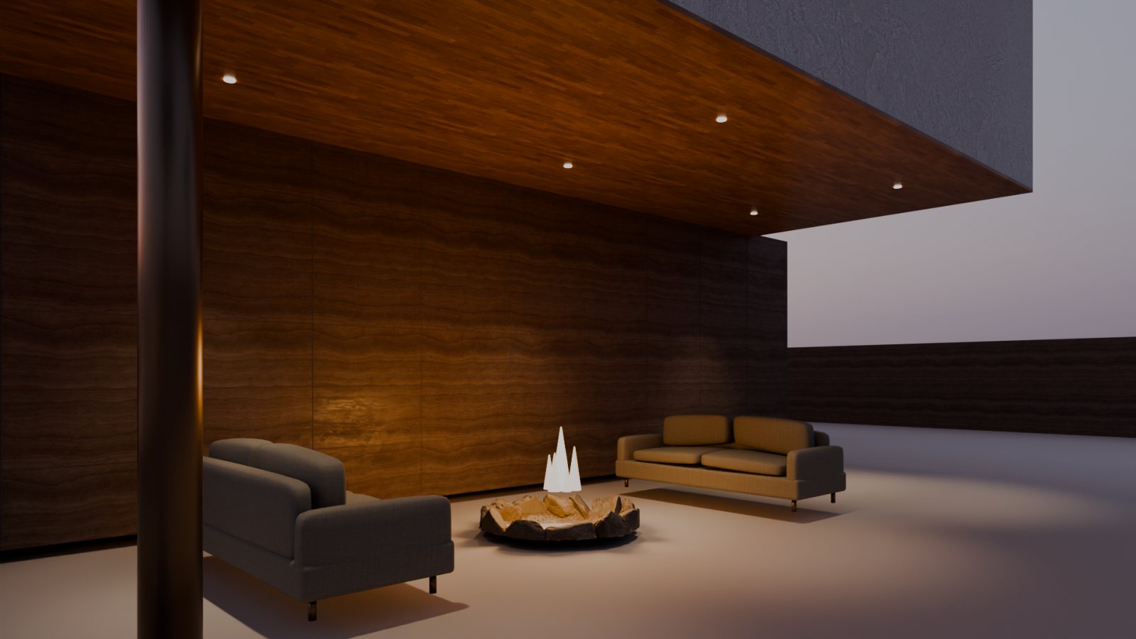 Outdoor lounge under a teak soffit around a stone fire pit